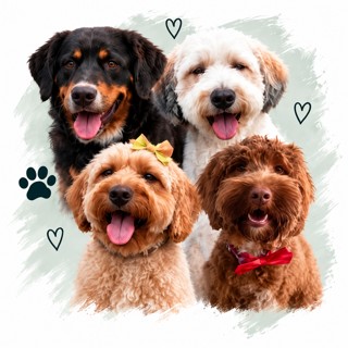 Four freshly groomed dogs together: a black and tan bernese, a cream doodle, an apricot doodle with a yellow bow and a chocolate doodle with a red bow
